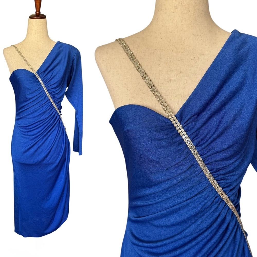 Vintage 80s Climax Blue One-Shoulder Dress Rhinestone Strap Disco Funky Party XS